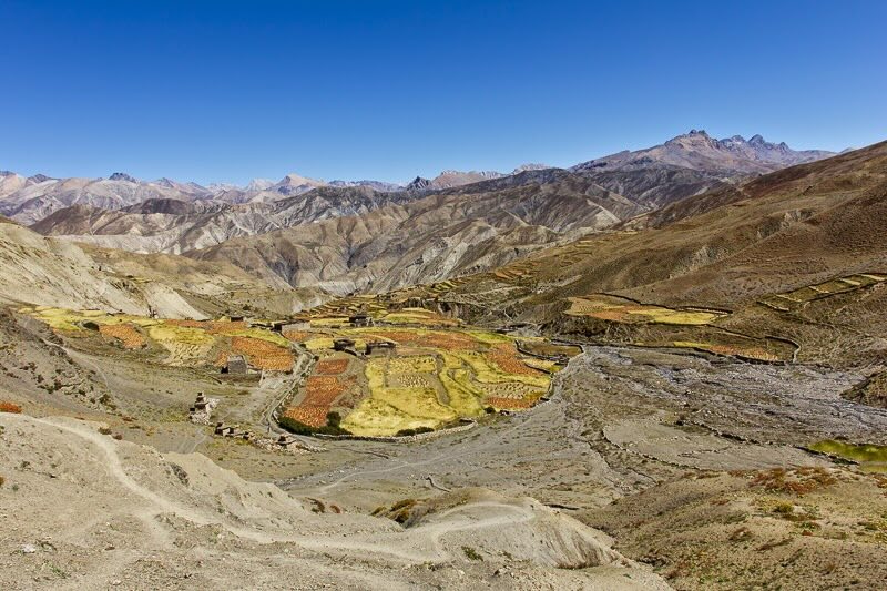 Dorf mit bunten Feldern vor der kargen Berglandschaft in Nepal