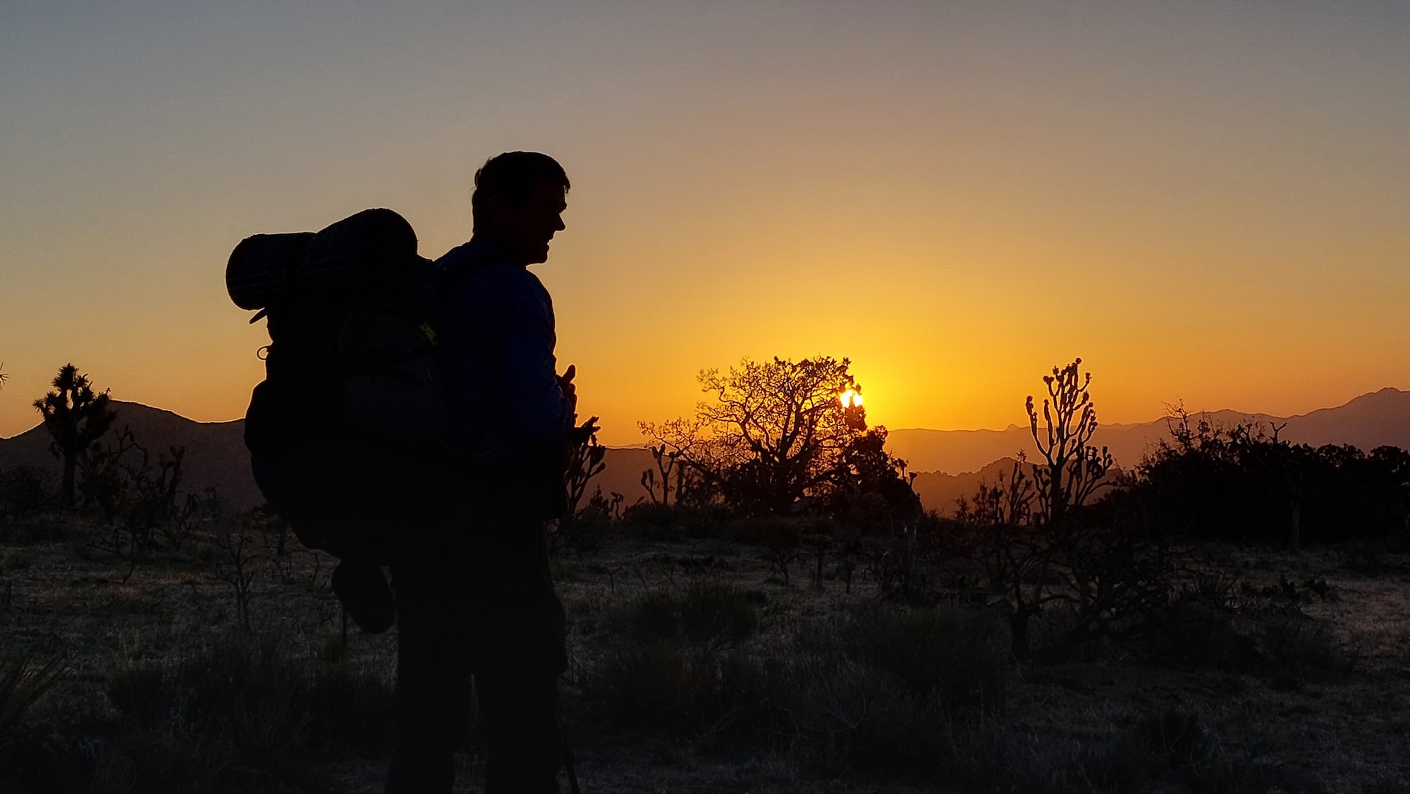 Silhouette eines Wanderers vor einem Sonnenaufgang in der Wüste